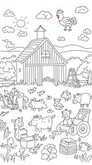 Fototapeta premium A lively farm-themed coloring book page showing a barnyard filled with animals like cows, goats, and ducks. Add a tractor, hay bales, and a rooster perched on the barn roof, with a sunrise in 
