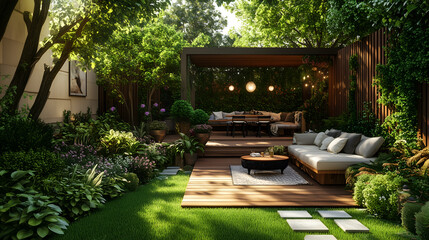 Beautiful garden with a wooden terrace, seating area, and comfortable furniture surrounded by trees and flowers. Greenery, plants