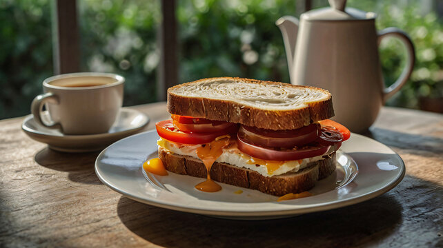 A classic breakfast scene set on a sunny morning with warm, natural light. A low-angle view highlights a wooden table with two open-faced sandwiches, vibrant tomatoes, green veges with hot cup of tea.