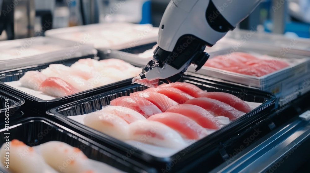 Poster advanced robotic technology is at work as it meticulously places sushi and sashimi in trays, enhanci