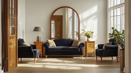 An arched mirror in a stylish entryway with a plush navy sofa and matching armchairs, a wooden side table, and crisp white walls