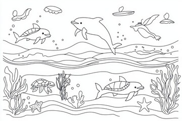 Obraz premium A lively ocean-themed coloring book page with dolphins jumping through waves, turtles swimming below, and seagulls flying above. Add details like starfish on the ocean floor, coral reefs, and 