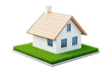 A small, charming house with a sloped roof, chimney, and green grass surrounding its base.