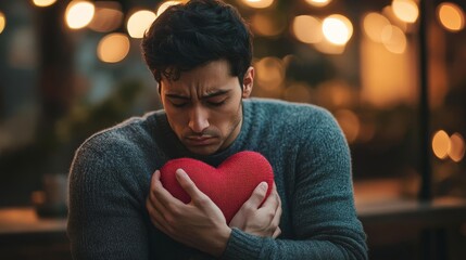 A young man holding the red heart with sadness and disappointment in love. Feeling of loss, and sorrow in relationship. Dramatic atmosphere.