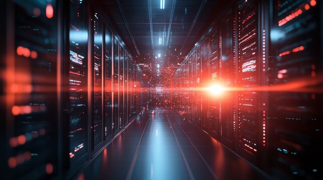 Futuristic Server Room with Rotating Chains of Technology