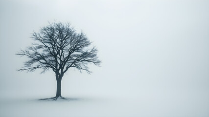 Obraz premium Minimalistic black and white photography of a lonely black tree, snow, fog, winter