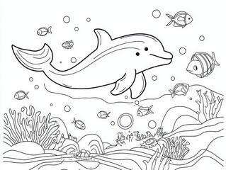 Obraz premium A magical under-the-sea coloring book page with dolphins jumping out of the water, sea turtles gliding near coral reefs, and a mysterious underwater cave glowing with treasure. Add intricate 