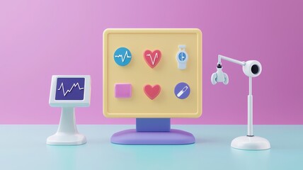 Health info and medical compliance idea. Colorful medical interface with health icons and devices on display.