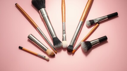 A collection of diverse makeup brushes arranged in a decorative pattern on a soft pink background