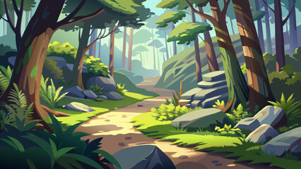 A tranquil forest trail winding past mossy rocks, ferns growing in the shade, and a canopy of trees filtering soft sunlight