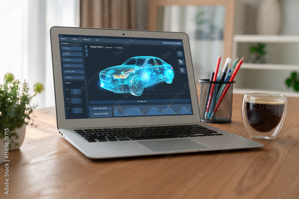 Poster electric car design software on computer screen showing simulation blueprint snugly by digital calcu