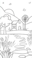 A serene countryside coloring book design with rolling hills, a windmill turning in the breeze, and a small farmhouse surrounded by trees. Add intricate patterns on the fields, birds flying 
