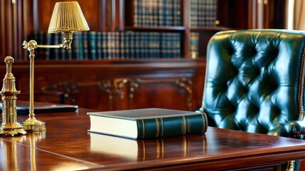 Obraz premium Luxurious Study: A Book on a Mahogany Desk