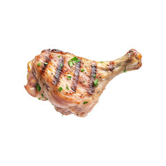 Grilled chicken drumsticks thigh seasoned with spices and herbs, isolated on white transparent background. Concept of delicious roasted food