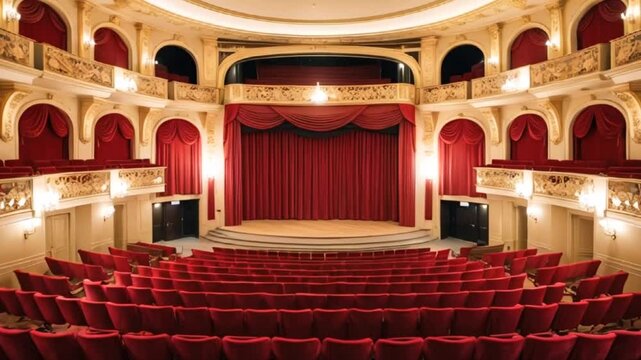Theatre stage with red curtains and seats