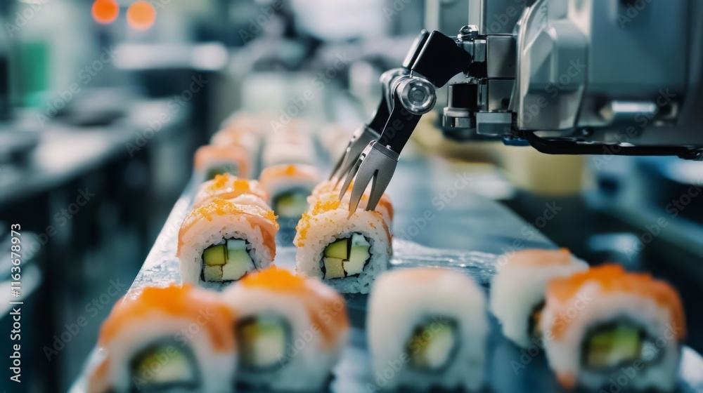 Leinwandbilder sushi rolls are meticulously placed on a production line as advanced ai technology operates robotic 