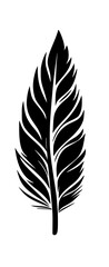 Detailed Feather Silhouette in Minimal Style, Black and white silhouette of a detailed feather with intricate patterns, showcasing a clean and elegant minimalist design.

