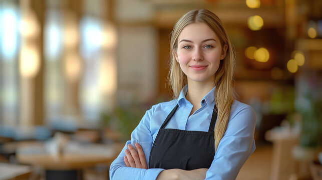 Portrait of a young smiling friendly woman waitress in a working uniform in a cafe
