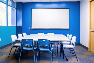 Modern Blue Classroom With White Table And Chairs