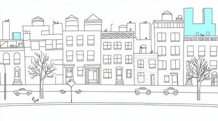 A vibrant coloring book illustration of a cityscape with tall buildings, cars, and bicycles on the streets. Add small details like street signs, pigeons on rooftops, and people walking dogs 