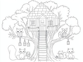 Obraz premium A whimsical coloring book design of a magical treehouse high in the branches, with rope bridges connecting it to smaller huts. Surround the tree with animals like squirrels, owls, and foxes. 