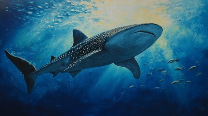 Fototapeta premium Majestic whale shark swimming in underwater sunlight.