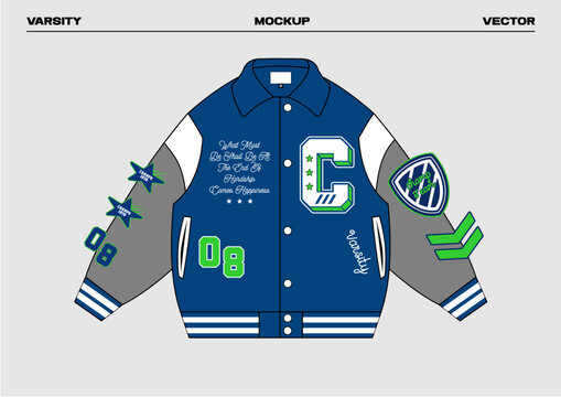 varsity jacket mockup embroid, can be used for clothing, baseball,with badge vector design style.