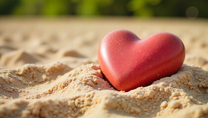 Fototapeta premium Heart-shaped red stone on sandy surface, Valentine's Day symbol