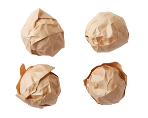 Naklejka premium Four crumpled paper balls arranged in a gridisolated on a white background, png transparent , showcasing texture and form.