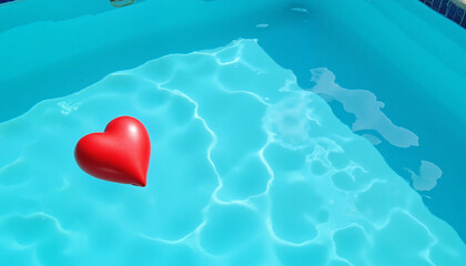 Red heart floating on calm blue pool surface, Valentine's Day concept