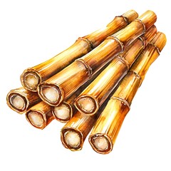 Naklejka premium Watercolor Painting of a Stack of Golden Brown Bamboo Poles Isolated on White.