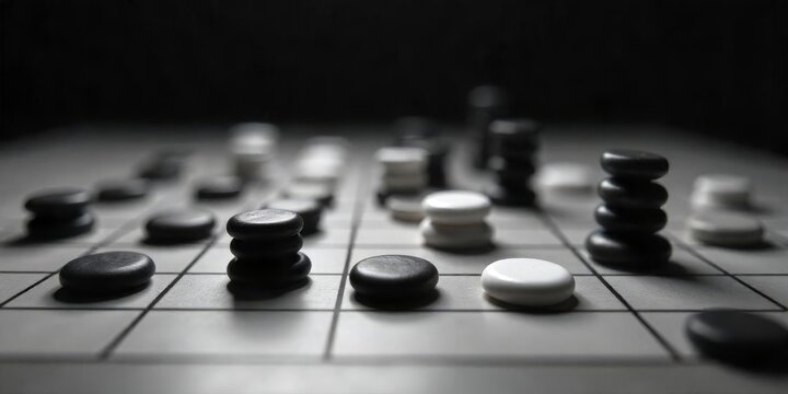 Strategy game with black and white pieces positioned on a grid during an intense match
