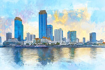 Impressionistic Watercolor Painting of a Modern City Skyline at Sunset Reflected in Calm Water.