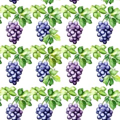 Seamless Watercolor Pattern of Ripe Grapes and Lush Green Vine Leaves.