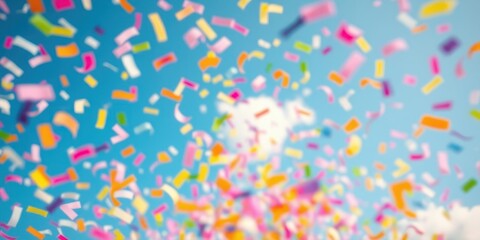 Celebration confetti falling against a bright blue sky background, capturing the joy and excitement of a festive occasion