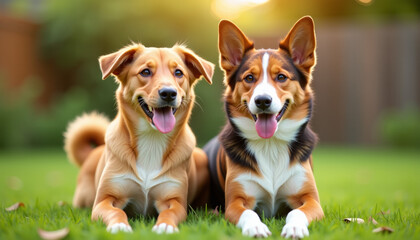 Two Happy Dogs in a Sunny Garden