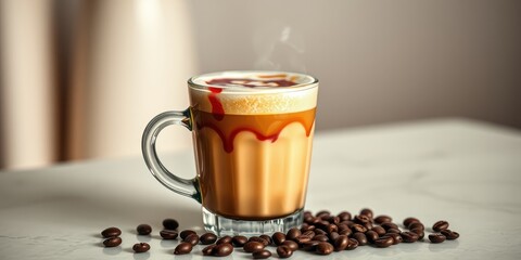 Aromatic coffee beverage with caramel drizzle in a glass mug, surrounded by roasted coffee beans on a white surface