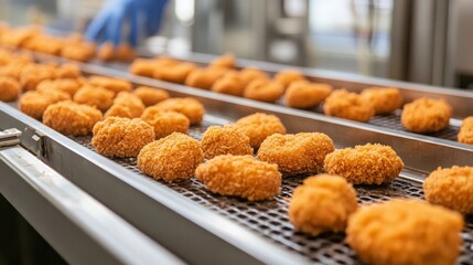 A production line is seen processing crispy food items, with a worker in blue gloves carefully overseeing the operation. The setting highlights efficiency in food preparation and quality control.