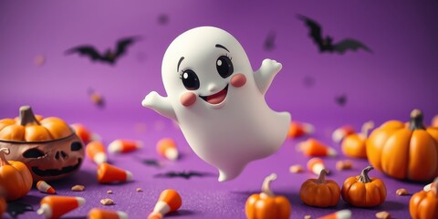 Obraz premium A cute cartoon ghost playfully floats amongst miniature pumpkins and candy corn on a purple background