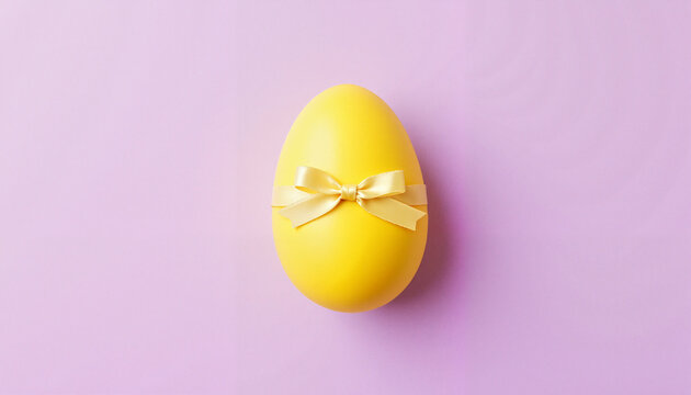 Yellow Easter egg with ribbon on pastel purple background, festive decoration