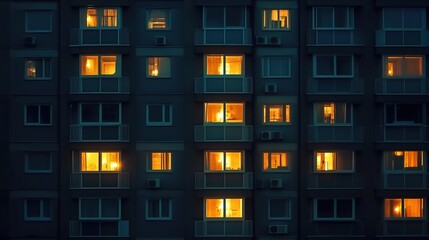 A wide shot of an apartment building at night, with all the lights in each window glowing yellow and orange.