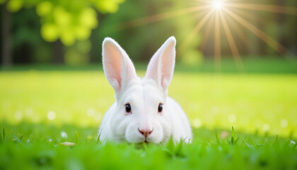 Fototapeta premium Curious white bunny resting in green grass, Easter celebration