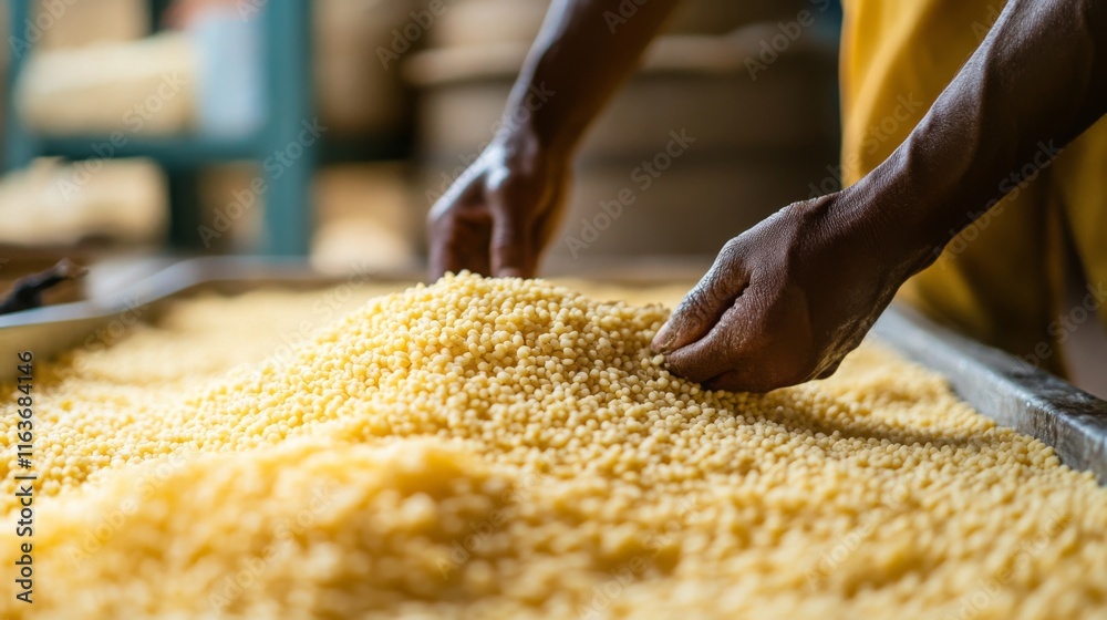 Aufkleber Individuals are meticulously sorting and handling small granules of food on a production line. The environment is busy and organized, focused on efficient food processing and quality control.