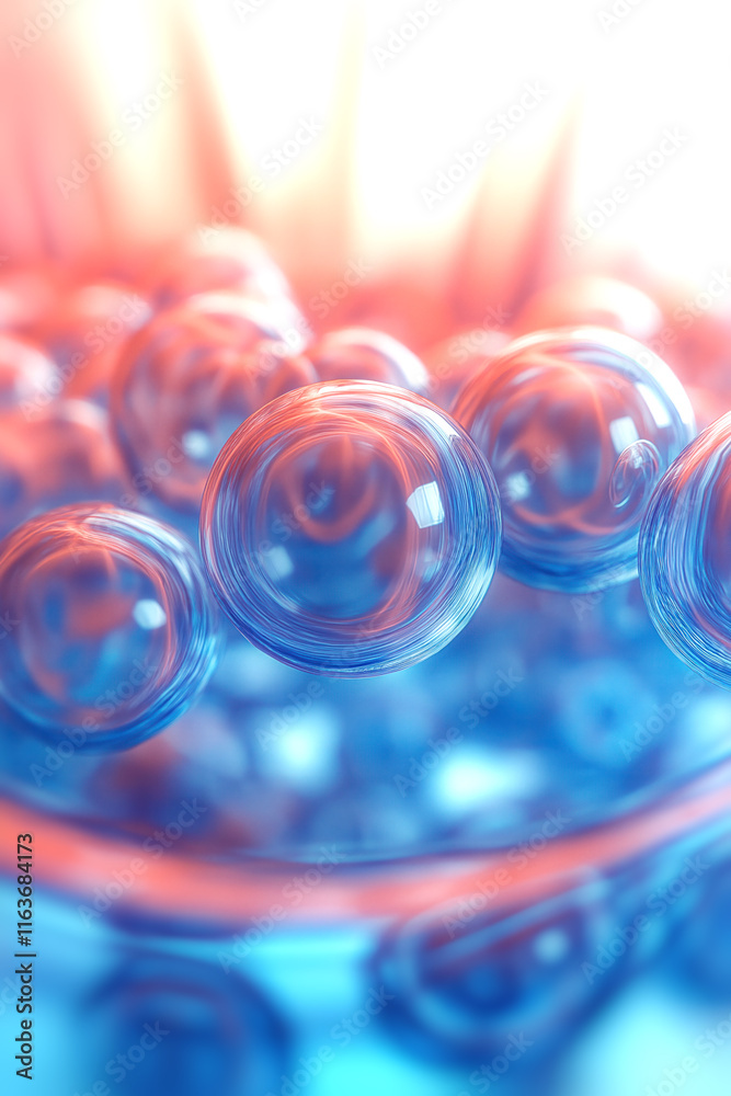 Poster Composition with transparent spherical shapes surrounded by light accents playing with blue and orange highlights on the glass surface, with blurring in the background creating a layered effect