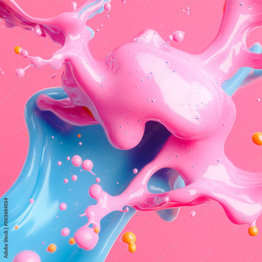 Aufkleber an abstract composition in pastel shades of blue and pink, where flowing lines and playful drops com