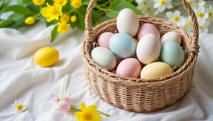 Decorated Easter eggs in a woven basket with spring flowers, celebration