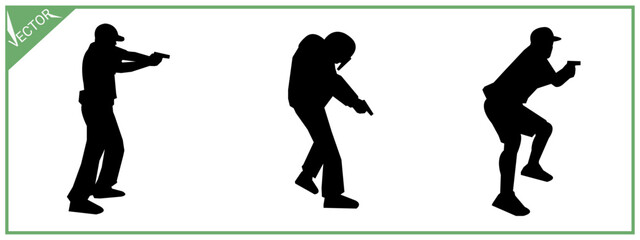 Collection of silhouettes of gun shooting sports. Isolated on white background.