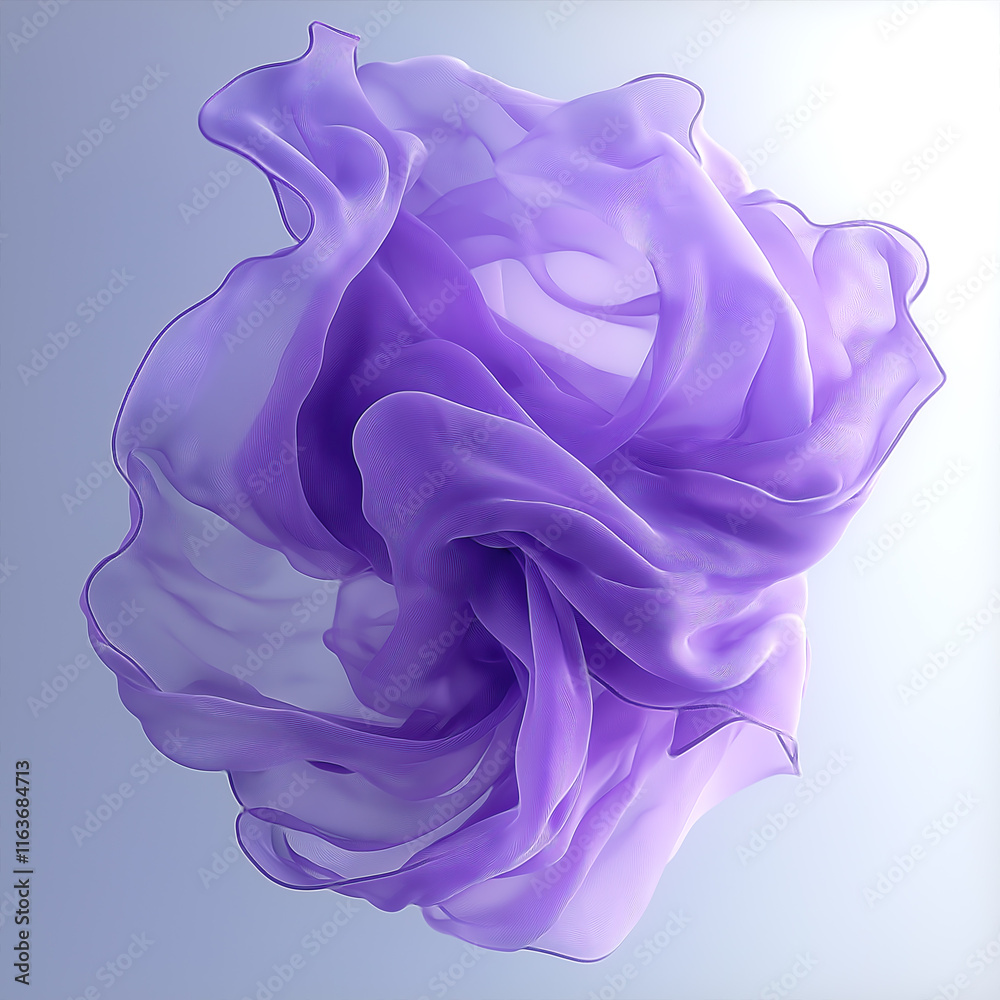 Poster 3d abstract illustration with soft, undulating shapes of flying fabric in shades of purple and laven