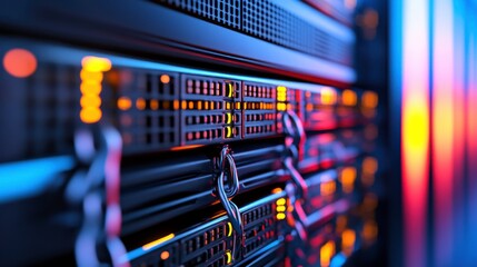 Modern Servers in a Digital Tech Room with LED Lights