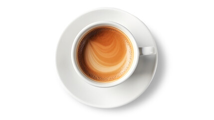 Cappuccino. White cup with saucer. Top view of coffee&nbsp;drink. Isolated
